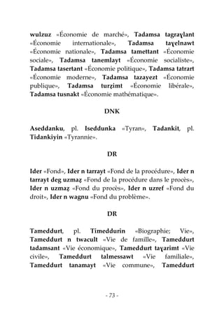 - 73 -
wulzuz «Économie de marché», Tadamsa tagraɣlant
«Économie internationale», Tadamsa taɣelnawt
«Économie nationale», Tadamsa tamettant «Économie
sociale», Tadamsa tanemlayt «Économie socialiste»,
Tadamsa tasertant «Économie politique», Tadamsa tatrart
«Économie moderne», Tadamsa tazayezt «Économie
publique», Tadamsa turẓimt «Économie libérale»,
Tadamsa tusnakt «Économie mathématique».
DNK
Aseddanku, pl. Iseddunka «Tyran», Tadankit, pl.
Tidankiyin «Tyrannie».
DR
Ider «Fond», Ider n tarrayt «Fond de la procédure», Ider n
tarrayt deg uzmaẓ «Fond de la procédure dans le procès»,
Ider n uzmaẓ «Fond du procès», Ider n uzref «Fond du
droit», Ider n wagnu «Fond du problème».
DR
Tameddurt, pl. Timeddurin «Biographie; Vie»,
Tameddurt n twacult «Vie de famille», Tameddurt
tadamsant «Vie économique», Tameddurt taɣarimt «Vie
civile», Tameddurt talmessawt «Vie familiale»,
Tameddurt tanamayt «Vie commune», Tameddurt
 