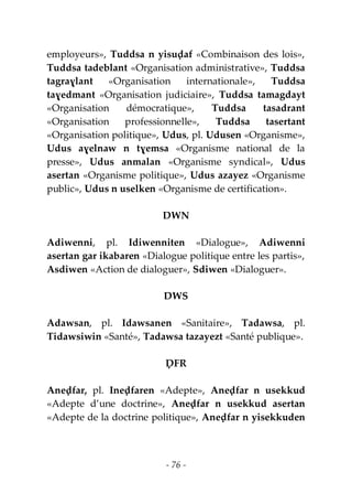 - 76 -
employeurs», Tuddsa n yisuḍaf «Combinaison des lois»,
Tuddsa tadeblant «Organisation administrative», Tuddsa
tagraɣlant «Organisation internationale», Tuddsa
taɣedmant «Organisation judiciaire», Tuddsa tamagdayt
«Organisation démocratique», Tuddsa tasadrant
«Organisation professionnelle», Tuddsa tasertant
«Organisation politique», Udus, pl. Udusen «Organisme»,
Udus aɣelnaw n tɣemsa «Organisme national de la
presse», Udus anmalan «Organisme syndical», Udus
asertan «Organisme politique», Udus azayez «Organisme
public», Udus n uselken «Organisme de certification».
DWN
Adiwenni, pl. Idiwenniten «Dialogue», Adiwenni
asertan gar ikabaren «Dialogue politique entre les partis»,
Asdiwen «Action de dialoguer», Sdiwen «Dialoguer».
DWS
Adawsan, pl. Idawsanen «Sanitaire», Tadawsa, pl.
Tidawsiwin «Santé», Tadawsa tazayezt «Santé publique».
ḌFR
Aneḍfar, pl. Ineḍfaren «Adepte», Aneḍfar n usekkud
«Adepte d’une doctrine», Aneḍfar n usekkud asertan
«Adepte de la doctrine politique», Aneḍfar n yisekkuden
 