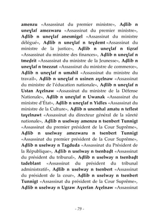 - 79 -
amenzu «Assassinat du premier ministre», Aḍlib n
uneɣlaf amezwaru «Assassinat du premier ministre»,
Aḍlib n uneɣlaf anesmigel «Assassinat du ministre
délégué», Aḍlib n uneɣlaf n teɣdemt «Assassinat du
ministre de la justice», Aḍlib n uneɣlaf n tiẓraf
«Assassinat du ministre des finances», Aḍlib n uneɣlaf n
tmeḍrit «Assassinat du ministre de la Jeunesse», Aḍlib n
uneɣlaf n tnezzut «Assassinat du ministre de commerce»,
Aḍlib n uneɣlaf n umahil «Assassinat du ministre du
travail», Aḍlib n uneɣlaf n usinen aɣelnaw «Assassinat
du ministre de l’éducation nationale», Aḍlib n uneɣlaf n
Ustan Aɣelnaw «Assassinat du ministre de la Défense
Nationale», Aḍlib n uneɣlaf n Uwanak «Assassinat du
ministre d’État», Aḍlib n uneɣlaf n Yidles «Assassinat du
ministre de la Culture», Aḍlib n unemhal amatu n teflest
taɣelnawt «Assassinat du directeur général de la sûreté
nationale», Aḍlib n uselway amenzu n tsenbert Tunnigt
«Assassinat du premier président de la Cour Suprême»,
Aḍlib n uselway amezwaru n tsenbert Tunnigt
«Assassinat du premier président de la Cour Suprême»,
Aḍlib n uselway n Tagduda «Assassinat du Président de
la République», Aḍlib n uselway n tsenbaḍt «Assassinat
du président du tribunal», Aḍlib n uselway n tsenbaḍt
tadeblant «Assassinat du président du tribunal
administratif», Aḍlib n uselway n tsenbert «Assassinat
du président de la cour», Aḍlib n uselway n tsenbert
Tunnigt «Assassinat du président de la Cour Suprême»,
Aḍlib n uselway n Ugraw Aɣerfan Aɣelnaw «Assassinat
 