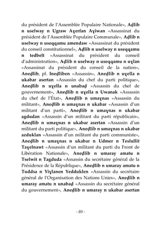 - 80 -
du président de l’Assemblée Populaire Nationale», Aḍlib
n uselway n Ugraw Aɣerfan Aɣiwan «Assassinat du
président de l’Assemblée Populaire Communale», Aḍlib n
uselway n useqqamu amendaw «Assassinat du président
du conseil constitutionnel», Aḍlib n uselway n useqqamu
n tedbelt «Assassinat du président du conseil
d’administration», Aḍlib n uselway n useqqamu n uɣlan
«Assassinat du président du conseil de la nation»,
Aneḍlib, pl. Ineḍliben «Assassin», Aneḍlib n uɣella n
ukabar asertan «Assassin du chef du parti politique»,
Aneḍlib n uɣella n unabaḍ «Assassin du chef de
gouvernement», Aneḍlib n uɣella n Uwanak «Assassin
du chef de l’État», Aneḍlib n umaɣnas «Assassin du
militant», Aneḍlib n umaɣnas n ukabar «Assassin d’un
militant d’un parti», Aneḍlib n umaɣnas n ukabar
agdudan «Assassin d’un militant du parti républicain»,
Aneḍlib n umaɣnas n ukabar asertan «Assassin d’un
militant du parti politique», Aneḍlib n umaɣnas n ukabar
azduklan «Assassin d’un militant du parti communiste»,
Aneḍlib n umaɣnas n ukabar n Udmer n Teslullit
Taɣelnawt «Assassin d’un militant du parti du Front de
Libération Nationale», Aneḍlib n umaray amatu n
Tselwit n Tagduda «Assassin du secrétaire général de la
Présidence de la République», Aneḍlib n umaray amatu n
Tuddsa n Yiɣlanen Yedduklen «Assassin du secrétaire
général de l’Organisation des Nations Unies», Aneḍlib n
umaray amatu n unabaḍ «Assassin du secrétaire général
du gouvernement», Aneḍlib n umaray n ukabar asertan
 