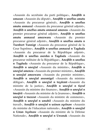 - 81 -
«Assassin du secrétaire du parti politique», Aneḍlib n
umazan «Assassin du député», Aneḍlib n uneflus amatu
«Assassin du procureur général», Aneḍlib n uneflus
amatu anmazul «Assassin du procureur général adjoint»,
Aneḍlib n uneflus amatu anmazul amenzu «Assassin du
premier procureur général adjoint», Aneḍlib n uneflus
amatu anmazul amezwaru «Assassin du premier
procureur général adjoint», Aneḍlib n uneflus amatu n
Tsenbert Tunnigt «Assassin du procureur général de la
Cour Suprême», Aneḍlib n uneflus anmazul n Tagduda
«Assassin du procureur de la République adjoint»,
Aneḍlib n uneflus aserdas n Tagduda «Assassin du
procureur militaire de la République», Aneḍlib n uneflus
n Tagduda «Assassin du procureur de la République»,
Aneḍlib n uneɣlaf «Assassin du ministre», Aneḍlib n
uneɣlaf amenzu «Assassin du premier ministre», Aneḍlib
n uneɣlaf amezwaru «Assassin du premier ministre»,
Aneḍlib n uneɣlaf anesmigel «Assassin du ministre
délégué», Aneḍlib n uneɣlaf n teɣdemt «Assassin du
ministre de la justice», Aneḍlib n uneɣlaf n tiẓraf
«Assassin du ministre des finances», Aneḍlib n uneɣlaf n
tmeḍrit «Assassin du ministre de la Jeunesse», Aneḍlib n
uneɣlaf n tnezzut «Assassin du ministre de commerce»,
Aneḍlib n uneɣlaf n umahil «Assassin du ministre du
travail», Aneḍlib n uneɣlaf n usinen aɣelnaw «Assassin
du ministre de l’éducation nationale», Aneḍlib n uneɣlaf
n Ustan Aɣelnaw «Assassin du ministre de la Défense
Nationale», Aneḍlib n uneɣlaf n Uwanak «Assassin du
 