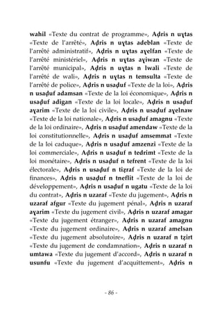 - 86 -
wahil «Texte du contrat de programme», Aḍris n uɣtas
«Texte de l’arrêté», Aḍris n uɣtas adeblan «Texte de
l’arrêté administratif», Aḍris n uɣtas aɣelfan «Texte de
l’arrêté ministériel», Aḍris n uɣtas aɣiwan «Texte de
l’arrêté municipal», Aḍris n uɣtas n lwali «Texte de
l’arrêté de wali», Aḍris n uɣtas n temsulta «Texte de
l’arrêté de police», Aḍris n usaḍuf «Texte de la loi», Aḍris
n usaḍuf adamsan «Texte de la loi économique», Aḍris n
usaḍuf adigan «Texte de la loi locale», Aḍris n usaḍuf
aɣarim «Texte de la loi civile», Aḍris n usaḍuf aɣelnaw
«Texte de la loi nationale», Aḍris n usaḍuf amagnu «Texte
de la loi ordinaire», Aḍris n usaḍuf amendaw «Texte de la
loi constitutionnelle», Aḍris n usaḍuf amsemmat «Texte
de la loi caduque», Aḍris n usaḍuf amzenzi «Texte de la
loi commerciale», Aḍris n usaḍuf n tedrimt «Texte de la
loi monétaire», Aḍris n usaḍuf n tefrent «Texte de la loi
électorale», Aḍris n usaḍuf n tiẓraf «Texte de la loi de
finances», Aḍris n usaḍuf n tneflit «Texte de la loi de
développement», Aḍris n usaḍuf n ugatu «Texte de la loi
du contrat», Aḍris n uzaraf «Texte du jugement», Aḍris n
uzaraf afgur «Texte du jugement pénal», Aḍris n uzaraf
aɣarim «Texte du jugement civil», Aḍris n uzaraf amagar
«Texte du jugement étranger», Aḍris n uzaraf amagnu
«Texte du jugement ordinaire», Aḍris n uzaraf amelsan
«Texte du jugement absolutoire», Aḍris n uzaraf n tẓirt
«Texte du jugement de condamnation», Aḍris n uzaraf n
umtawa «Texte du jugement d’accord», Aḍris n uzaraf n
usunfu «Texte du jugement d’acquittement», Aḍris n
 