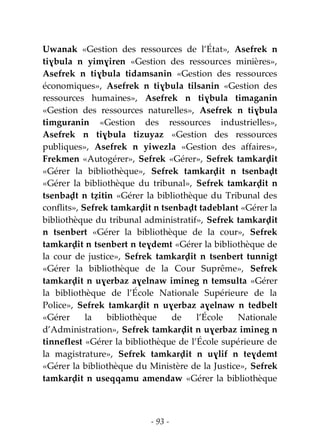 - 93 -
Uwanak «Gestion des ressources de l’État», Asefrek n
tiɣbula n yimɣiren «Gestion des ressources minières»,
Asefrek n tiɣbula tidamsanin «Gestion des ressources
économiques», Asefrek n tiɣbula tilsanin «Gestion des
ressources humaines», Asefrek n tiɣbula timaganin
«Gestion des ressources naturelles», Asefrek n tiɣbula
timguranin «Gestion des ressources industrielles»,
Asefrek n tiɣbula tizuyaz «Gestion des ressources
publiques», Asefrek n yiwezla «Gestion des affaires»,
Frekmen «Autogérer», Sefrek «Gérer», Sefrek tamkarḍit
«Gérer la bibliothèque», Sefrek tamkarḍit n tsenbaḍt
«Gérer la bibliothèque du tribunal», Sefrek tamkarḍit n
tsenbaḍt n tẓitin «Gérer la bibliothèque du Tribunal des
conflits», Sefrek tamkarḍit n tsenbaḍt tadeblant «Gérer la
bibliothèque du tribunal administratif», Sefrek tamkarḍit
n tsenbert «Gérer la bibliothèque de la cour», Sefrek
tamkarḍit n tsenbert n teɣdemt «Gérer la bibliothèque de
la cour de justice», Sefrek tamkarḍit n tsenbert tunnigt
«Gérer la bibliothèque de la Cour Suprême», Sefrek
tamkarḍit n uɣerbaz aɣelnaw imineg n temsulta «Gérer
la bibliothèque de l’École Nationale Supérieure de la
Police», Sefrek tamkarḍit n uɣerbaz aɣelnaw n tedbelt
«Gérer la bibliothèque de l’École Nationale
d’Administration», Sefrek tamkarḍit n uɣerbaz imineg n
tinneflest «Gérer la bibliothèque de l’École supérieure de
la magistrature», Sefrek tamkarḍit n uɣlif n teɣdemt
«Gérer la bibliothèque du Ministère de la Justice», Sefrek
tamkarḍit n useqqamu amendaw «Gérer la bibliothèque
 