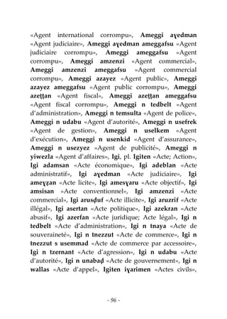 - 96 -
«Agent international corrompu», Ameggi aɣedman
«Agent judiciaire», Ameggi aɣedman ameggafsu «Agent
judiciaire corrompu», Ameggi ameggafsu «Agent
corrompu», Ameggi amzenzi «Agent commercial»,
Ameggi amzenzi ameggafsu «Agent commercial
corrompu», Ameggi azayez «Agent public», Ameggi
azayez ameggafsu «Agent public corrompu», Ameggi
azeṭṭan «Agent fiscal», Ameggi azeṭṭan ameggafsu
«Agent fiscal corrompu», Ameggi n tedbelt «Agent
d’administration», Ameggi n temsulta «Agent de police»,
Ameggi n udabu «Agent d’autorité», Ameggi n usefrek
«Agent de gestion», Ameggi n uselkem «Agent
d’exécution», Ameggi n usenkid «Agent d’assurance»,
Ameggi n usezyez «Agent de publicité», Ameggi n
yiwezla «Agent d’affaires», Igi, pl. Igiten «Acte; Action»,
Igi adamsan «Acte économique», Igi adeblan «Acte
administratif», Igi aɣedman «Acte judiciaire», Igi
ameɣẓan «Acte licite», Igi amesɣaru «Acte objectif», Igi
amsisan «Acte conventionnel», Igi amzenzi «Acte
commercial», Igi arusḍuf «Acte illicite», Igi aruzrif «Acte
illégal», Igi asertan «Acte politique», Igi azekran «Acte
abusif», Igi azerfan «Acte juridique; Acte légal», Igi n
tedbelt «Acte d’administration», Igi n tnaya «Acte de
souveraineté», Igi n tnezzut «Acte de commerce», Igi n
tnezzut s usemmad «Acte de commerce par accessoire»,
Igi n tzernant «Acte d’agression», Igi n udabu «Acte
d’autorité», Igi n unabaḍ «Acte de gouvernement», Igi n
wallas «Acte d’appel», Igiten iɣarimen «Actes civils»,
 