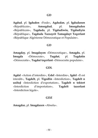 - 98 -
GD
Agdud, pl. Igduden «Foule», Agdudan, pl. Igdudanen
«Républicain», Amsegdud, pl. Imsegduden
«Républicain», Tagduda, pl. Tigdudiwin, Tigdudiyin
«République», Tagduda Tazzayrit Tamagdayt Taɣerfant
«République Algérienne Démocratique et Populaire».
GD
Amagday, pl. Imagdayen «Démocratique», Amagdu, pl.
Imugda «Démocrate», Tugdut, pl. Tugdatin
«Démocratie», Tugdut taɣerfant «Démocratie populaire».
GDL
Agdal «Action d’interdire», Gdel «Interdire», Igdel «Il est
interdit», Tagdelt, pl. Tigedlin «Interdiction», Tagdelt n
usifeḍ «Interdiction d’exportation», Tagdelt n tektert
«Interdiction d’importation», Tagdelt tazerfant
«Interdiction légale».
GDZ
Amagdaz, pl. Imagdazen «Absolu».
 