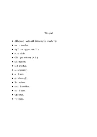 Tizegzal
Akkqbayli : yella akk di tmeslayin n teqbaylit.
am : d amedya.
atg… : ar taggara. (etc… )
ds. : d uddis.
GM : gret tamawt. (N.B.)
êrf. : d aêerfi.
Md: amedya.
ml. : d amalay.
nt. : d unti.
ôvl. : d ameôvil.
Sb : asebter.
sdm. : d asuddim.
sm. : d isem.
Uî.: uîîun.
= : yegda.
 