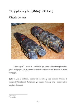 - 113 -
79. èédec n yilel ZGə
Cigale de mer
èédec n yilel1
: sm. ml .ds., yesdukkel gar yisem éédec akked yisem ilel.
yekka-d seg uéar (èDC), yemmal-d anamek n ubelεuc n lber. Sawalen-as da$en
weroeooi2
.
Èèédec n yilel d azelmam. Yezmer ad yawev deg te$zi alamma d tardast d
wezgen (30 isuntimen). Yettemcabi $er éédec n lber deg talγa , maca wagi ur
yesεi ara iferrawen.
1
-Akkqbayli.
2
-At Mendil.
 