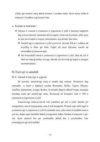 - 14 -
yellan gar tezrawt nne$ akked tezrawt i yexdem netta. Syen nerna nefka-d
ismawen i d-nekkes seg tezrawt ines.
 Iswan n tezrawt :
 Aêiwec n wamud n yismawen n yi$ersiwen n yilel s tmeslayt taqbaylit
deg yiwen umawal, nessaram ad d-yeqqim i tsuta ara d-yernun; acku ayen
ur nuri ara d tudert n wayen yettmettaten, ne$ ad tent- êaz tatut.
 Asentel-agi n yi$ersiwen n yilel yewwi-d ad nadi fell-as i wakken ad
d-yeffe$ si tillas $er tafat. Uqbel ad yezri fell-asen waεdil ad
ttwasefven (yismawen-agi).
 Ad d-nessekfel amud n yismawen n yi$ersiwen n yilel, ahat ad yili d
allal ara teêwio tutlayt ass-agi, abeεda imi tewwev $er tegnit n uslugen
(normalisation).
II-Tarrayt n umahil:
II-1- Amud d tarrayt n ugrew:
Di tazwara, amawal-agi nne$ d amahil deg wannar. Nexdem-it deg
temnavin n tmurt n leqbayel yecban Bumerdes, Delles, Tigzirt, Iflissen,
Aéeffun, Ijeômennan, Aza$ar, Iksilen, At mendil, Bgayet akked Uwqas; nesteqsa
imezda$ nsent $ef usentel-agi nne$. Nessawev ad d-negrew azal n 100 n
yismawen n yi$ersiwen n yilel.
Ismawen-agi mlan-aγ-ten-id wid yettidiren $er yiri n yilel, abeεda γer
yinegmaren; ama d imeééyanen, ama d wid meqqeren. D nutni u$ur nufa tuget n
yismawen-agi n yi$ersiwen n yilel d yinumak nsen, acku nutni d axeddim nsen n
yal ass, da$en zgan ttemlilin akked yinegmaren niven, lemden-d amaynut s $ur-
sen. Syen nerna-d kra $er yiselmaden akked kra n yinelmaden. Gar
yimsul$uyen-agi ad d-nebder:
 