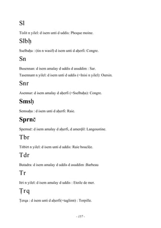 - 157 -
Sl
Tislit n yilel: d isem unti d uddis: Phoque moine.
Slbê
Sselbaêa : (tin n wasif) d isem unti d aêerfi: Congre.
Sn
Busennan: d isem amalay d uddis d asuddim : Sar.
Tasennant n yilel: d isem unti d uddis (=Inisi n yilel): Oursin.
Snr
Asennur: d isem amalay d aêerfi (=Sselbaêa): Congre.
Smsê
Semsaêa : d isem unti d aêerfi: Raie.
Sprnç
Spernuç: d isem amalay d aêerfi, d amervil: Langoustine.
Tbr
Titbirt n yilel: d isem unti d uddis: Raie bouclée.
Tdr
Butadra: d isem amalay d uddis d asuddim :Barbeau
Tr
Itri n yilel: d isem amalay d uddis : Etoile de mer.
Ïrq
Ïerqa : d isem unti d aêerfi(=taglimt) : Torpille.
 