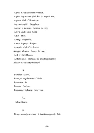 - 31 -
A$erda n yilel : Pailona commun.
Aqarus ne$ uccen n yilel: Bar ou loup de mer.
Aqjun n yilel : Chien de mer.
Aqelwac n yilel : Coryphène.
Aqerruy n usennan : Espadon ou epée.
Aruy n yilel : Saint pierre.
Aîîun : Thon.
Awra$ : Muge doré.
Awqas ne$ uqas : Requin.
Ayaéiv n yilel : Coq de mer.
Azegga$ n le$miq : Rouget de vase.
Azdi n yilel : Balaou.
Azduz n yilel : Bramidae ou grande castagnole.
Aεudiw n yilel : Hippocampe.
B
Buberrak : Cabot.
Bulefvan ne$ abutnafer : Vieille.
Busennan : Sar.
Butadra : Barbeau.
Buxana ne$ bulxana : Gros yeux.
C.
Calba : Saupe.
D
Derqa, semsaêa, rraya ne$ lefzer (tameqqrant) : Raie.
 