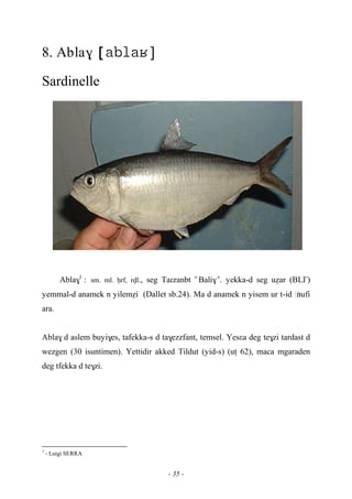 - 35 -
8. Abla$ 
Sardinelle
Abla$1
: sm. ml. êrf, rvl., seg Taεranbt «
Bali$»
. yekka-d seg uéar (BL£)
yemmal-d anamek n yileméi (Dallet sb.24). Ma d anamek n yisem ur t-id …nufi
ara.
Abla$ d aslem buyi$es, tafekka-s d ta$ezzfant, temsel. Yesεa deg te$zi tardast d
wezgen (30 isuntimen). Yettidir akked Tildut (yid-s) (uî 62), maca mgaraden
deg tfekka d te$zi.
1
- Luigi SERRA
 