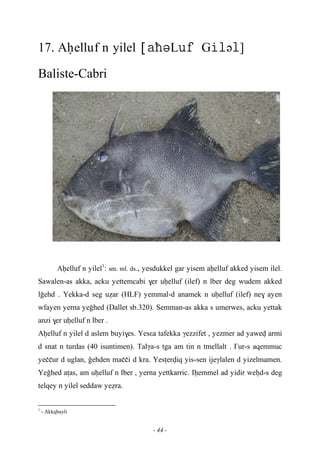 - 44 -
17. Aêelluf n yilel LGə]
Baliste-Cabri
Aêelluf n yilel1
: sm. ml. ds., yesdukkel gar yisem aêelluf akked yisem ilel.
Sawalen-as akka, acku yettemcabi $er uêelluf (ilef) n lber deg wudem akked
loehd . Yekka-d seg uéar (HLF) yemmal-d anamek n uêelluf (ilef) ne$ ayen
wfayen yerna yeohed (Dallet sb.320). Semman-as akka s umerwes, acku yettak
anzi $er uêelluf n lber .
Aêelluf n yilel d aslem buyi$es. Yesεa tafekka γezzifet , yezmer ad yawev armi
d snat n turdas (40 isuntimen). Talγa-s tga am tin n tmellalt . £ur-s aqemmuc
yeççur d uglan, oehden maççi d kra. Yesîerviq yis-sen ijeγlalen d yizelmamen.
Yeohed aîas, am uêelluf n lber , yerna yettkarric. Iêemmel ad yidir weêd-s deg
telqey n yilel seddaw yeéra.
1
- Akkqbayli
 