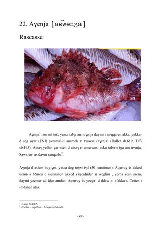 - 49 -
22. A$enja 
Rascasse
A$enja1
: sm. ml. êrf., yesεa tal$a am u$enja daymi i as-qqaren akka. yekka-
d seg uéar (£NJ) yemmal-d anamek n tγawsa (a$enja) (Dallet sb.619, Taïfi
sb.195). Assa$ yellan gar-asen d assa$ n umerwes, acku tal$a-s tga am u$enja.
Sawalen- as da$en εenqarba2
.
A$enja d aslem buyi$es. yesεa deg te$zi i$il (50 isuntimen). Aqerruy-is akked
uεrur-is ççuren d isennanen akked yiqenfuden n weglim , yerna sεan ssem,
daymi yezmer ad ivur amdan. Aqerruy-is yezga- d ddaw n tfekka-s. Tetten-t
imdanen aîas.
1
- Luigi SERRA.
2
- Delles – Aéeffun – Azaγar-At Mendil.
 