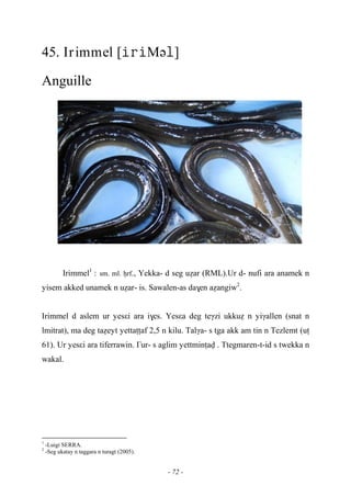 - 72 -
45. Irimmel [Mə]
Anguille
Irimmel1
: sm. ml. êrf., Yekka- d seg uéar (RML).Ur d- nufi ara anamek n
yisem akked unamek n uéar- is. Sawalen-as da$en aéangiw2
.
Irimmel d aslem ur yesεi ara i$es. Yesεa deg teγzi ukkué n yiγallen (snat n
lmitrat), ma deg taéeyt yettaîîaf 2,5 n kilu. Talγa- s tga akk am tin n Tezlemt (uî
61). Ur yesεi ara tiferrawin. £ur- s aglim yettminîav . Ttegmaren-t-id s twekka n
wakal.
1
-Luigi SERRA.
2
-Seg ukatay n taggara n turagt (2005).
 