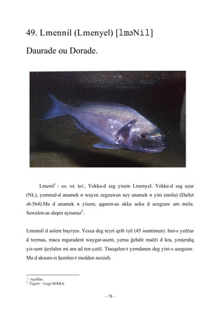 - 76 -
49. Lmennil (Lmenyel) [əN]
Daurade ou Dorade.
Lmenil1
: sm. ml. êrf., Yekka-d seg yisem Lmenyel. Yekka-d seg uéar
(NL), yemmal-d anamek n wayen zegzawen neγ anamek n yini (nnila) (Dallet
sb.564).Ma d anamek n yisem, qqaren-as akka acku d azegzaw am nnila.
Sawalen-as da$en aynanaz2
.
Lmennil d aslem buyiγes. Yesεa deg teγzi qrib iγil (45 isuntimen). Imi-s yeççur
d tuγmas, maca mgaradent waygar-asent, yerna oehdit maççi d kra, yesîerviq
yis-sent ijeγlalen mi ara ad ten-yeçç. Ttaεqalen-t yemdanen deg yini-s azegzaw.
Ma d aksum-is êemlen-t medden nezzeh.
1
- Aéeffun.
2
-Tigzirt – Luigi SERRA.
 
