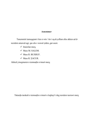Asnemmer
Tanemmirt tameqqrant i kra n win / tin i a$-d-yefkan afus akken ad d-
nexdem amawal-agi, $as ula s wawal éiden, gar-asen:
 Imawlan nne$.
 Mass M. SALEM.
 Mass R. BUXRUF.
 Mass R. ΣACUR.
Akked yinegmaren n temnavin n tmurt nne$.
Takarva tarakalt n temnavin n tmurt n leqbayl i deg nexdem tazrawt nne$
 