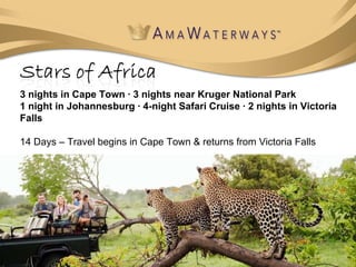 3 nights in Cape Town · 3 nights near Kruger National Park 1 night in Johannesburg · 4-night Safari Cruise · 2 nights in Victoria Falls      14 Days – Travel begins in Cape Town & returns from Victoria Falls 