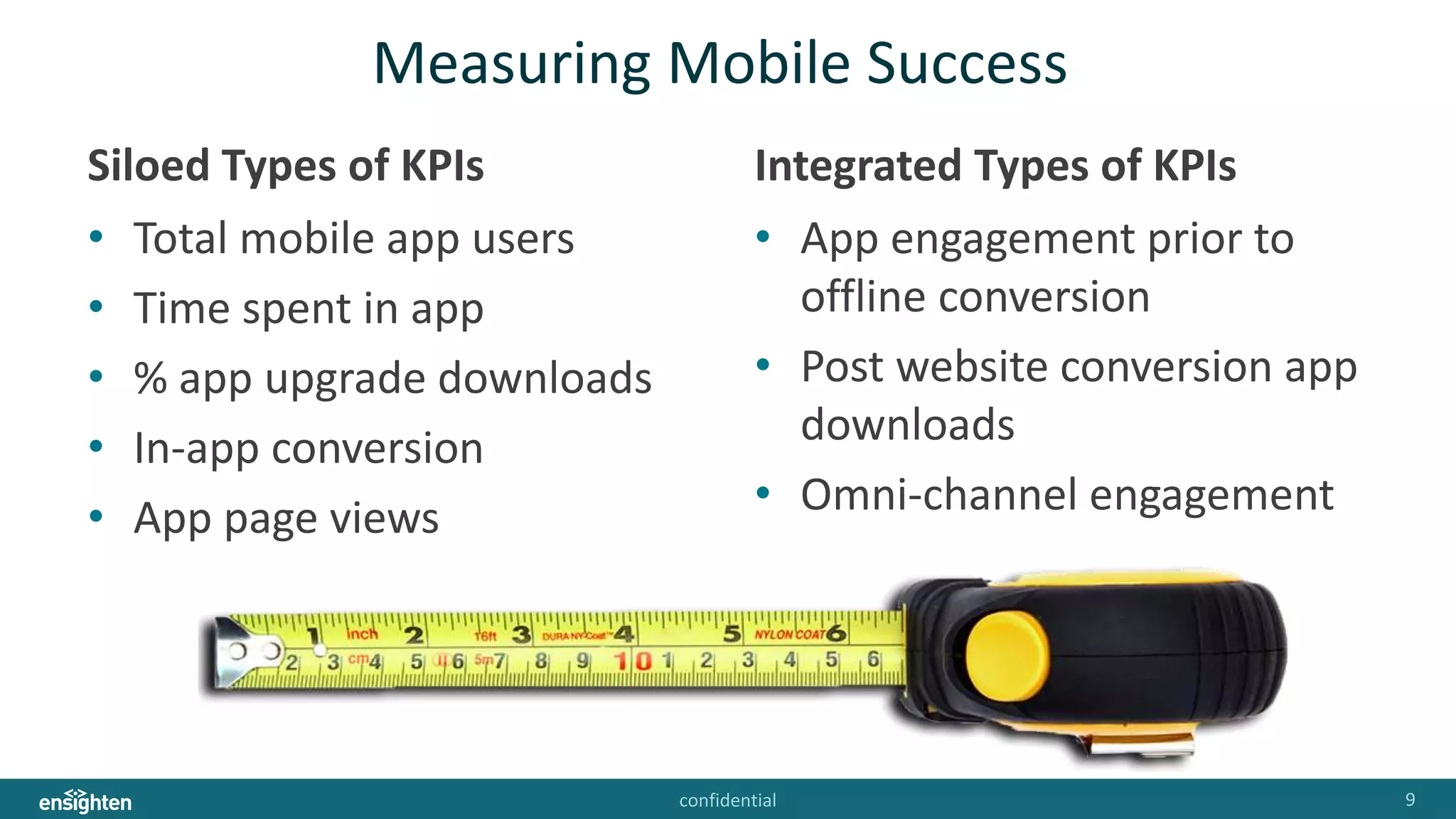 confidential 9
Measuring Mobile Success
Siloed Types of KPIs
• Total mobile app users
• Time spent in app
• % app upgrade downloads
• In-app conversion
• App page views
Integrated Types of KPIs
• App engagement prior to
offline conversion
• Post website conversion app
downloads
• Omni-channel engagement
 
