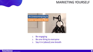Proprietary & Confidential
15
MARKETING YOURSELF
1. Be engaging
2. Be one thing to everyone
3. Say it in (about) one breath
 