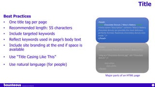Proprietary & Confidential
71
Title
Best Practices
• One title tag per page
• Recommended length: 55 characters
• Include targeted keywords
• Reflect keywords used in page’s body text
• Include site branding at the end if space is
available
• Use “Title Casing Like This”
• Use natural language (for people)
<body>
<h1>Chocolate Donuts from Mary's Bakery</h1>
<img scr=“chocolate-donuts.jpg” alt=“chocolate
donuts” />
<h2></h2>
<h3></h3>
</body>
Major parts of an HTML page
<head>
<title>Chocolate Donuts | Mary's Bakery</title>
<meta name=“description” content=“Mary's Bakery
chocolate donuts are possibly the most delicious,
perfectly formed, flawlessly chocolatey donuts ever
made.” />
</head>
 
