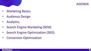 Proprietary & Confidential
8
• Marketing Basics
• Audience Design
• Analytics
• Search Engine Marketing (SEM)
• Search Engine Optimization (SEO)
• Conversion Optimization
AGENDA
 