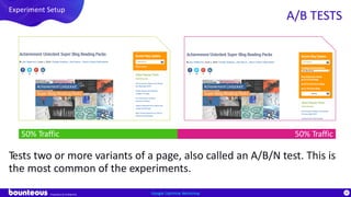 Proprietary & Confidential
80
Tests two or more variants of a page, also called an A/B/N test. This is
the most common of the experiments.
Google Optimize Workshop
Experiment Setup
A/B TESTS
50% Traffic50% Traffic
 
