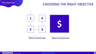 Proprietary & Confidential
85Google Optimize Workshop
Test Objectives
CHOOSING THE RIGHT OBJECTIVE
$
41
2 3
Micro Conversion Macro Conversion
 