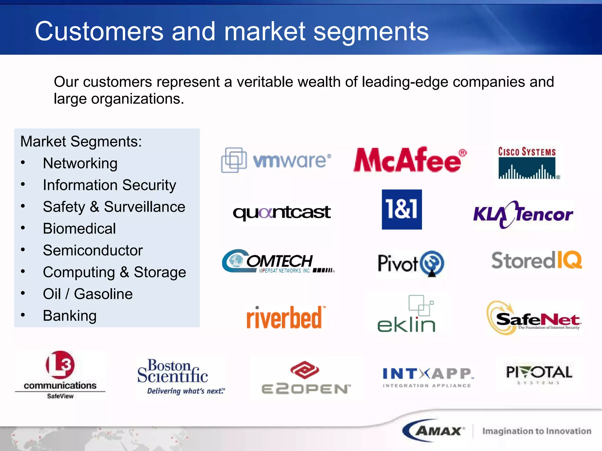 Customers and market segments Our customers represent a veritable wealth of leading-edge companies and large organizations. Market Segments: Networking Information Security Safety & Surveillance  Biomedical Semiconductor Computing & Storage Oil / Gasoline Banking 