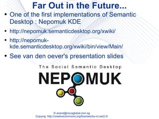Far Out in the Future... One of the first implementations of Semantic Desktop : Nepomuk KDE http://nepomuk.semanticdesktop.org/xwiki/ http://nepomuk-kde.semanticdesktop.org/xwiki/bin/view/Main/ See van den oever's presentation slides 