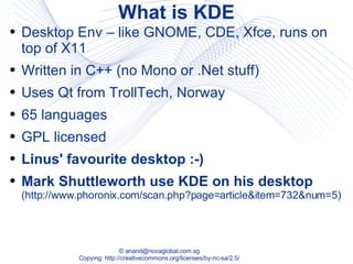 What is KDE Desktop Env – like GNOME, CDE, Xfce, runs on top of X11 Written in C++ (no Mono or .Net stuff) Uses Qt from TrollTech, Norway 65 languages GPL licensed Linus' favourite desktop :-) Mark Shuttleworth use KDE on his desktop   (http://www.phoronix.com/scan.php?page=article&item=732&num=5) 
