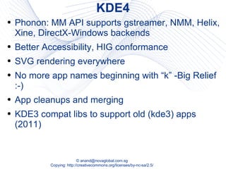 KDE4 Phonon: MM API supports gstreamer, NMM, Helix, Xine, DirectX-Windows backends Better Accessibility, HIG conformance SVG rendering everywhere No more app names beginning with “k” -Big Relief :-) App cleanups and merging KDE3 compat libs to support old (kde3) apps (2011) 