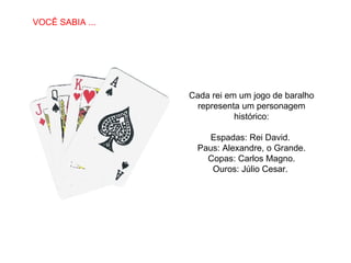 Cada rei em um jogo de baralho representa um personagem histórico: Espadas: Rei David.  Paus: Alexandre, o Grande. Copas: Carlos Magno. Ouros: Júlio Cesar.  VOCÊ SABIA ... 