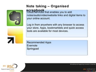 Note taking – Organised
scrapbook that enables you to add
Cloud services
Cloud services that enables you to add
notes/audio/video/website links and digital items to
notes/audio/video/website links and digital items to
your online account.
your online account.

Log in from anywhere with any browser to access
 Log in from anywhere with any browser to access
your store. Apps, bookmarklets and quick access
 your store. Apps, bookmarklets and quick access
tools are available for most devices.
 tools are available for most devices.



Recommended Apps
Recommended Apps
Evernote
Evernote
Springpad
Springpad
 