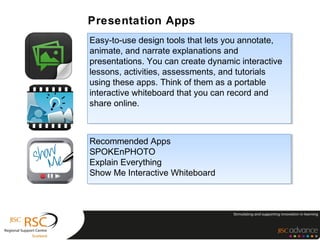Presentation Apps
Easy-to-use design tools that lets you annotate,
 Easy-to-use design tools that lets you annotate,
animate, and narrate explanations and
 animate, and narrate explanations and
presentations. You can create dynamic interactive
 presentations. You can create dynamic interactive
lessons, activities, assessments, and tutorials
 lessons, activities, assessments, and tutorials
using these apps. Think of them as a portable
 using these apps. Think of them as a portable
interactive whiteboard that you can record and
 interactive whiteboard that you can record and
share online.
 share online.



Recommended Apps
Recommended Apps
SPOKEnPHOTO
SPOKEnPHOTO
Explain Everything
Explain Everything
Show Me Interactive Whiteboard
Show Me Interactive Whiteboard
 
