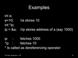 Examples int a; a=10; //a stores 10 int *ip; ip = &a; //ip stores address of a (say 1000) ip : fetches 1000 *ip  :  fetches 10 * Is called as dereferencing operator Thursday, September 1, 2011 