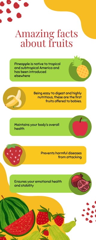 Amazing facts
about fruits
Pineapple is native to tropical
and subtropical America and
has been introduced
elsewhere
Maintains your body’s overall
health
Ensures your emotional health
and stability
Being easy to digest and highly
nutritious, these are the first
fruits offered to babies.
Prevents harmful diseases
from attacking
 