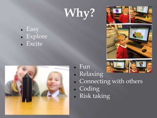  Easy
 Explore
 Excite
Why?
 Fun
 Relaxing
 Connecting with others
 Coding
 Risk taking
 