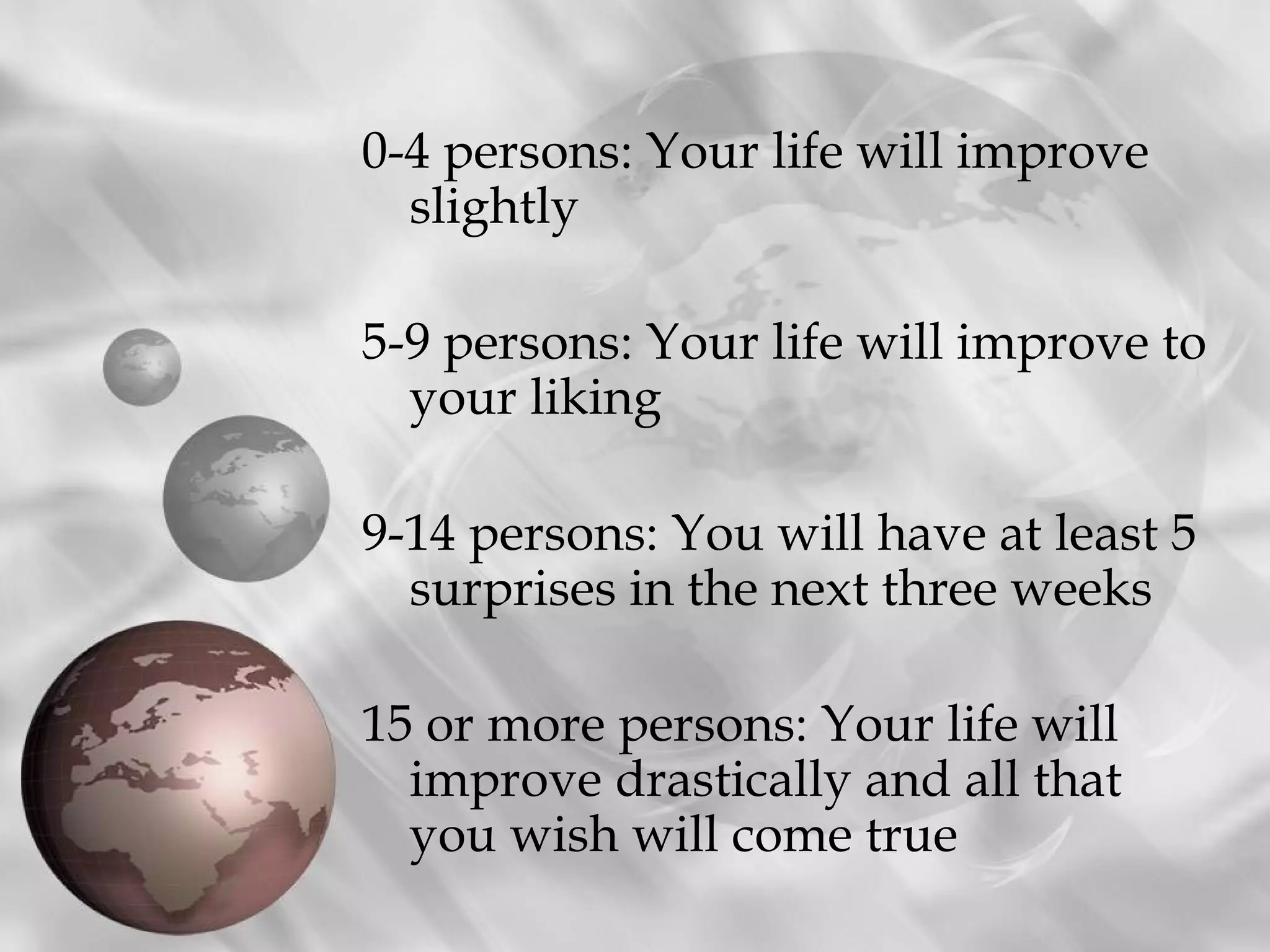 0-4 persons: Your life will improve
  slightly

5-9 persons: Your life will improve to
  your liking

9-14 persons: You will have at least 5
  surprises in the next three weeks

15 or more persons: Your life will
  improve drastically and all that
  you wish will come true
 