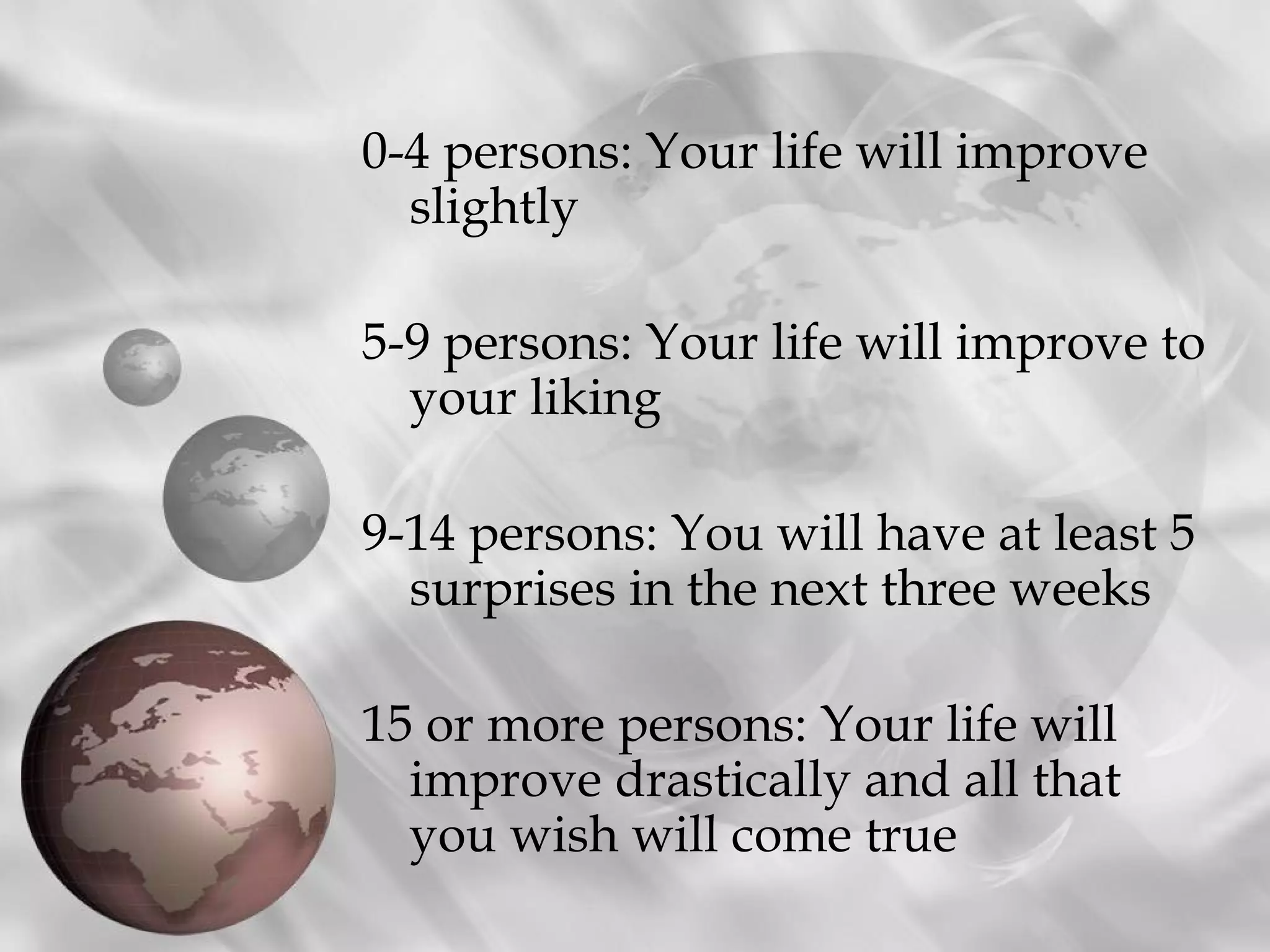 0-4 persons: Your life will improve
  slightly

5-9 persons: Your life will improve to
  your liking

9-14 persons: You will have at least 5
  surprises in the next three weeks

15 or more persons: Your life will
  improve drastically and all that
  you wish will come true
 