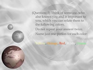 (Question: 3) Think of someone, who
also knows you and is important to
you, which you can relate them to
the following colors.
Do not repeat your answer twice.
Name just one person for each color:
Yellow, Orange, Red, White, Green.
 