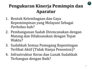 Pengukuran Kinerja Pemimpin dan
Aparatur
1. Bentuk Kelembagaan dan Gaya
Kepemimpinan yang Melayani Sebagai
Parhobas-kah?
2. Pembangunan Sudah Direncanakan dengan
Matang dan Dilaksanakan dengan Tepat
Waktu?
3. Sudahkah Semua Pemegang Kepentingan
Terlibat Aktif (Tidak Hanya Penonton)?
4. Infrastruktur Keras dan Lunak Sudahkah
Terbangun dengan Baik?
29
 