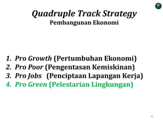 1. Pro Growth (Pertumbuhan Ekonomi)
2. Pro Poor (Pengentasan Kemiskinan)
3. Pro Jobs (Penciptaan Lapangan Kerja)
4. Pro Green (Pelestarian Lingkungan)
Quadruple Track Strategy
Pembangunan Ekonomi
36
 