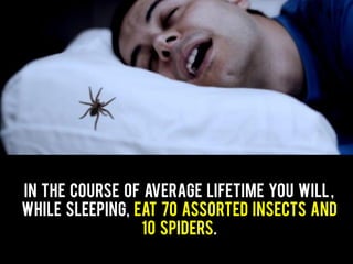 In the course of average lifetime you will,
while sleeping, eat 70 assorted insects and
10 spiders.
 