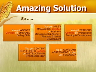 Amazing Solution
               So …..
                                    You get SALES
                             MANAGERS Certified
       You get AGENTS                                     You get TRAINERS
                                       on Business
Certified on EMERALD                                 Certified on Professional
                            Management & Agency /
           Selling Skills                            Training & Development
                                 Alternate Channel
                                      Development


                  You get CONTENT
                                            We do CONSTANT
              DEVELOPERS Certified
                                          ASSESSMENT to give
                on INSTRUCTIONAL
                                              you FEEDBACK
                  SYSTEM DESIGN
 