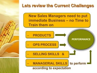 Lets review the Current Challenges

   New Sales Managers need to put
   immediate Business – no Time to
   Train them on

  –   PRODUCTS

  –   OPS PROCESS

  –   SELLING SKILLS &

  –   MANAGERIAL SKILLS to perform
      according to expectation
 