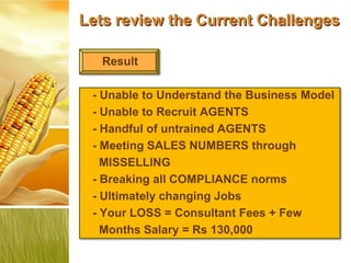 Lets review the Current Challenges

   Result

 - Unable to Understand the Business Model
 - Unable to Recruit AGENTS
 - Handful of untrained AGENTS
 - Meeting SALES NUMBERS through
   MISSELLING
 - Breaking all COMPLIANCE norms
 - Ultimately changing Jobs
 - Your LOSS = Consultant Fees + Few
   Months Salary = Rs 130,000
 