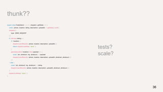 thunk??
export const finallySend = () => (dispatch, getState) => {
const {phone, location, latlng, description, uploadId} = getState().toJS()
dispatch({
type: SEND_REQUEST
})
if (isEmpty(latlng)) {
if (!location) {
dispatch(sendResults({phone, location, description, uploadId}))
return dispatch(setStep(`done`))
}
geocodeLocation(location).then(payload => {
const {lat: photoLat, lng: photoLon} = payload
dispatch(sendResults({phone, location, description, uploadId, photoLat, photoLon}))
})
} else {
const {lat: photoLat, lng: photoLon} = latlng
dispatch(sendResults({phone, location, description, uploadId, photoLat, photoLon}))
}
dispatch(setStep(`done`))
}
36
tests?
scale?
 