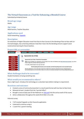 The Virtual Classroom as a Tool for Enhancing a Blended Course
Submitted by Kimberly Greene

Broad age range
Adults

Age range
Adult learners, Teacher Education

Applications used
Social networking, TappedIn

Description
As Institutions of Higher Education move from face-to-face courses to the blending of face-to-face with on-
line technologies, two university professors track their move into the blending arena to support social
constructivist learning for future teachers.

Project URL or screenshot




What challenges had to be overcome?
Student hesitation at trying something new.

What would you recommend to others?
Have a light touch. Introduce the technology on a volunteer basis before making it a requirement.

Reactions and outcomes
    •    Created a sense of community (essential in a new 8 week format with less face-to-face time).
    •    Released at least 1 student from the “eye-ball effect”.
    •    Brought a sense of play (see Sir Ken Robinson on Ted.com) into the serious work of the course.
    •    Active collaboration throughout the week (think Web 1.0 vs 2.0).

Informal survey:

    •    7 of 9 marked Tappedin as their favourite application.
    •    4 planned to continue using it.
    •    1 used it for a parent meeting.



The Amazing Web 2.0 Projects Book                            Terry Freedman (ed)                 Page 90
 
