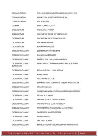 COMMUNICATION          THE BUILDING ONLINE LEARNING COMMUNITIES WIKI

  COMMUNICATION          CONNECTING SCHOOLS ACROSS THE SEA

  COMMUNICATION          LIVE BLOGGING

  COOKERY                COOK IT, TASTE IT, ICT IT

  CROSS-CULTURE          THE ERACISM PROJECT

  CROSS-CULTURE          AROUND THE WORLD WITH 80 SCHOOLS

  CROSS-CULTURE          GARTREE-HAPS SCHOOL PARTNERSHIP

  CROSS-CULTURE          LIFE WHERE WE LOVE

  CROSS-CULTURE          SCHOOLOVISION 2009

  CROSS-CURRICULAR ICT   21ST CENTURY BUSINESS CARD

  CROSS-CURRICULAR ICT   CALL LESSONS 2005-2007

  CROSS-CURRICULAR ICT   CREATIVE WEB TOOLS FOR AND BY KIDS

  CROSS-CURRICULAR ICT   DEVELOPMENT OF LEARNING PLATFORMS ACROSS THE
  CURRICULUM

  CROSS-CURRICULAR ICT   EFOLIO IN THE UK - FINAL SECTION

  CROSS-CURRICULAR ICT   E-MENTORING

  CROSS-CURRICULAR ICT   INGOTS FINAL SECTION

  CROSS-CURRICULAR ICT   PLANNING CROSS-CURRICULAR LESSONS WHICH USE ICT

  CROSS-CURRICULAR ICT   PRIMARY BLOGGER

  CROSS-CURRICULAR ICT   SUPPORTING WEB 2.0 THROUGH A LEARNING PLATFORM

  CROSS-CURRICULAR ICT   TECHNICALLY YOURS

  CROSS-CURRICULAR ICT   THE EDUCATIONAL TECHNOLOGY GUY

  CROSS-CURRICULAR ICT   THE HITCHHIKERS GUIDE TO WEB 2.0

  CROSS-CURRICULAR ICT   TRANSFORMING THE VLE INTO A VLECOSYSTEM

  CROSS-CURRICULAR ICT   TWITTER FOR SUBJECT LEADERS

  CROSS-CURRICULAR ICT   GLOBAL PENPALS

  CROSS-CURRICULAR ICT   THE TWEET SCRIBES

  CROSS-CURRICULAR ICT   ESTABLISHING THE GROUNDWORK FOR A PODOSPHERE



The Amazing Web 2.0 Projects Book             Terry Freedman (ed)          Page 2
 