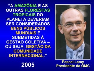 “ A  AMAZÔNIA  E AS OUTRAS  FLORESTAS TROPICAIS  DO PLANETA DEVERIAM SER CONSIDERADOS  BENS PÚBLICOS MUNDIAIS  E SUBMETIDAS À GESTÃO COLETIVA – OU SEJA,  GESTÃO DA COMUNIDADE INTERNACIONAL . ” 2005 Pascal Lamy Presidente da OMC 